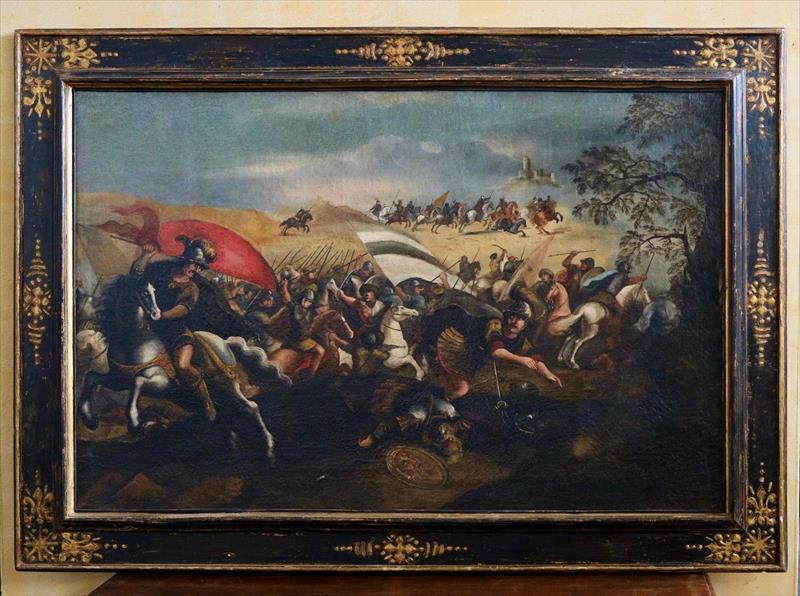 Dipinto antico di battaglia, olio su tela Seicento, ambito Francesco Allegrini da Gubbio