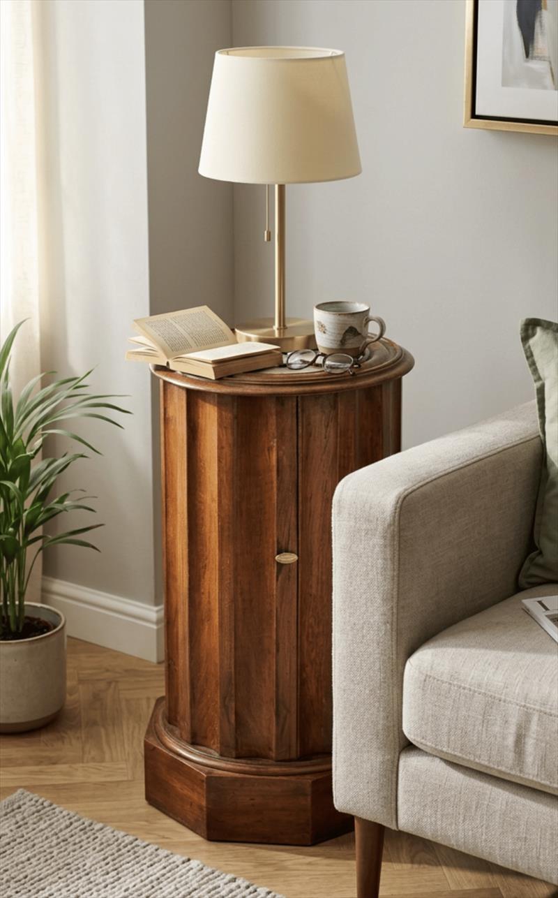 Cylindrical bedside cabinet with Neoclassical elegance