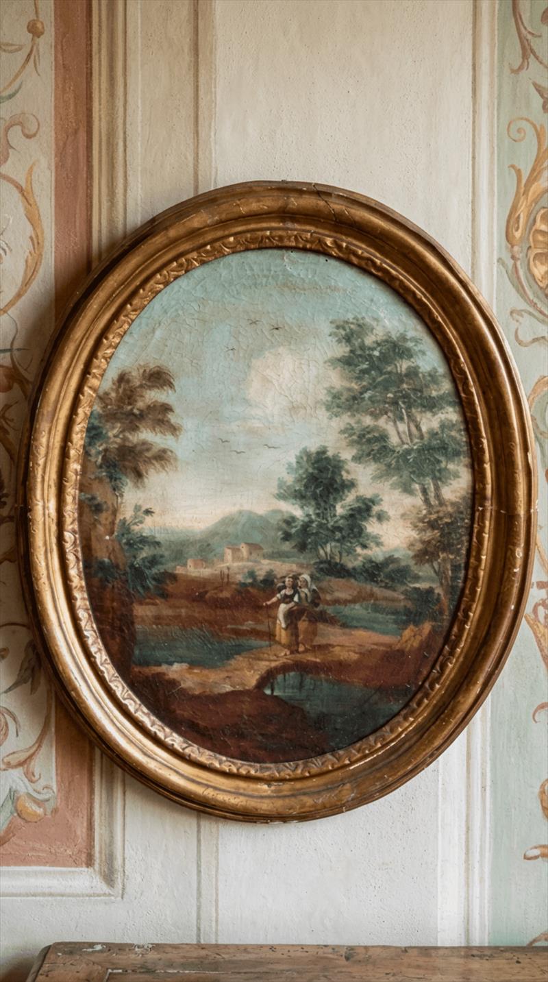 Antique Oval Pastoral Landscape, Oil on Canvas, 18th Century Central Italy, Circle of Alessio De Marchis