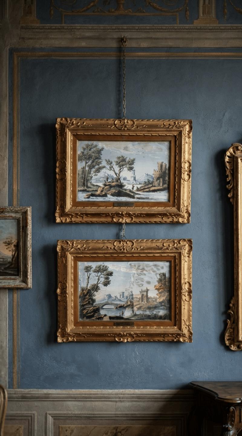 Pair of 18th-century gouache landscapes with architectural ruins, signed H.R. 1764, French school, Rome