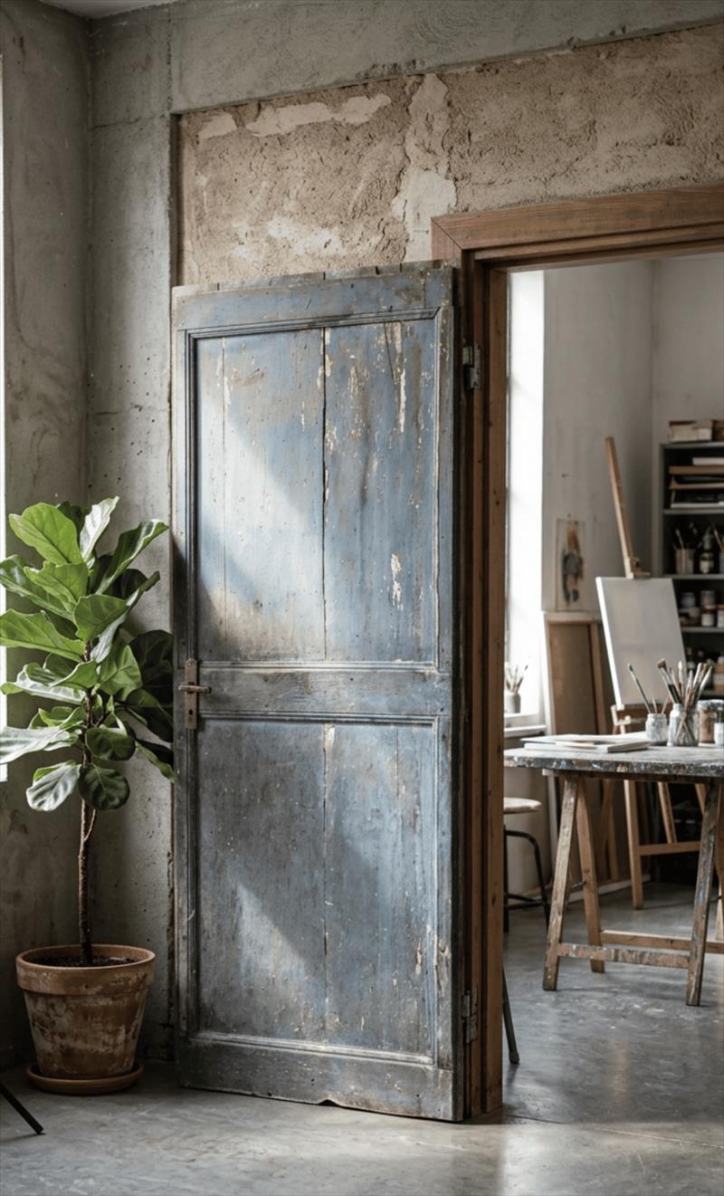 18th-century single-leaf door, the powder blue of the Umbrian countryside
