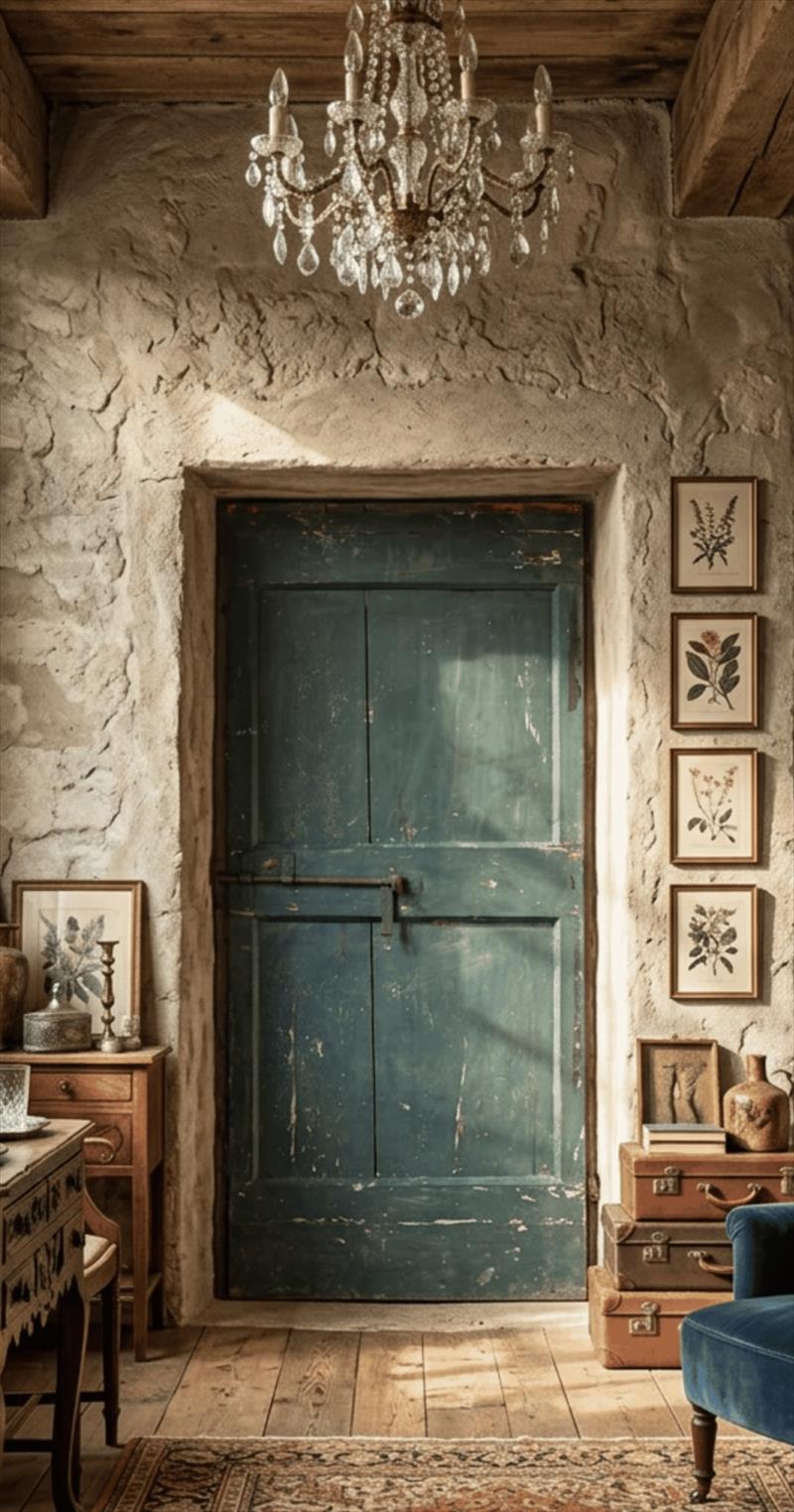 18th-Century Umbrian Door, Aged Wood and Deep Verdone Green