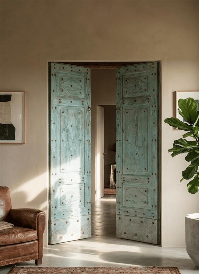 Copper-green elm door, among the loggias and towers of 18th-century Italy